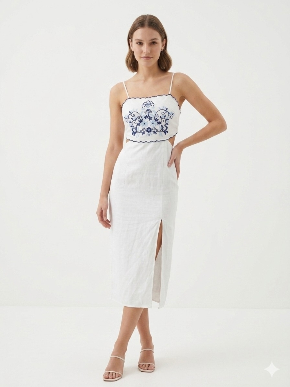 Altar'd State White Dress with Blue Embroidery